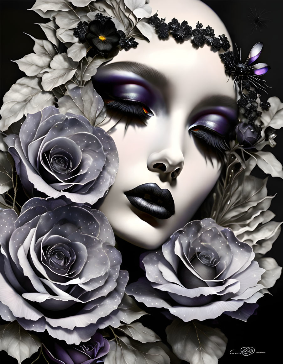 Stylized female face portrait with monochrome roses and dark lips