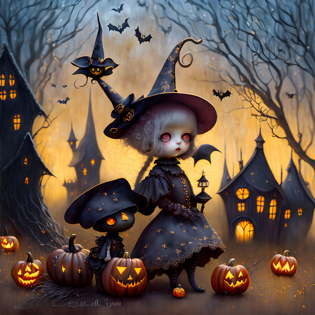 Whimsical Halloween-themed witch illustration with pumpkins, black cat, and haunted house