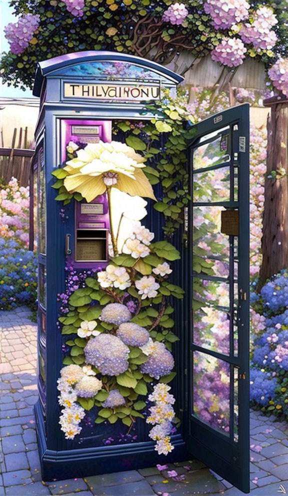 Colorful Telephone Booth Surrounded by Flowers in Garden