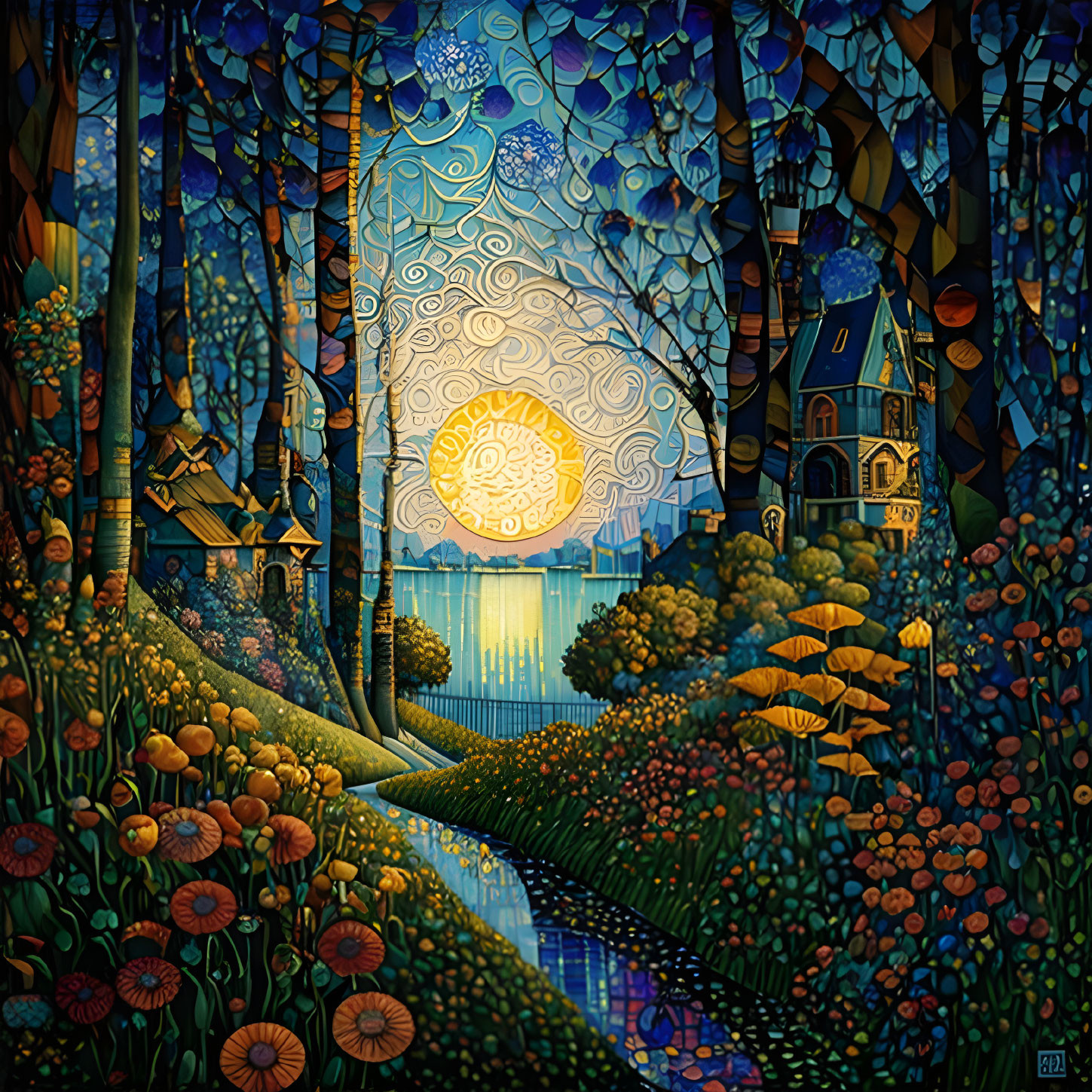 Vibrant forest scene with path, full moon, colorful flora, house, and water.