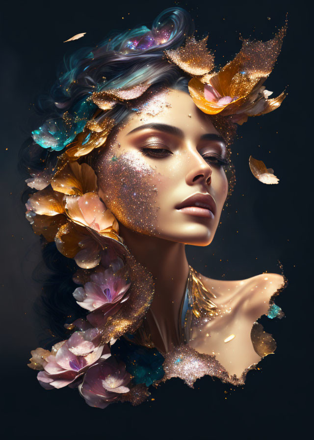 Digital Artwork: Serene woman with iridescent flowers and golden leaves in hair