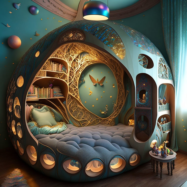 Celestial-themed spherical bedroom with plush bed, tree design, bookshelves, and hanging planets