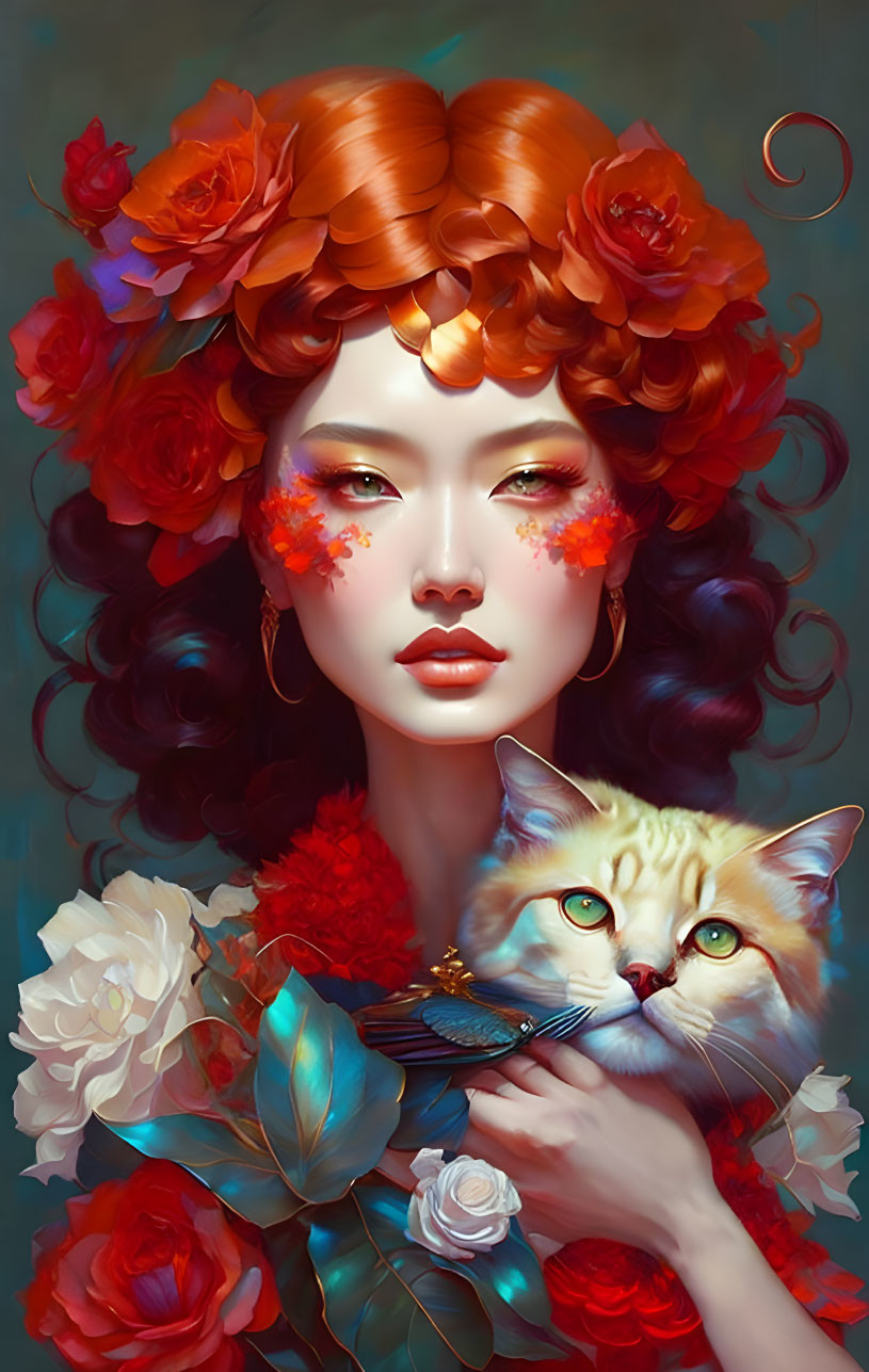 Digital artwork: Red-haired woman with roses holding a cat on teal background