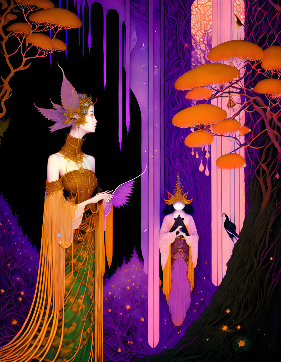 Ethereal figures with elaborate headdresses in enchanted forest