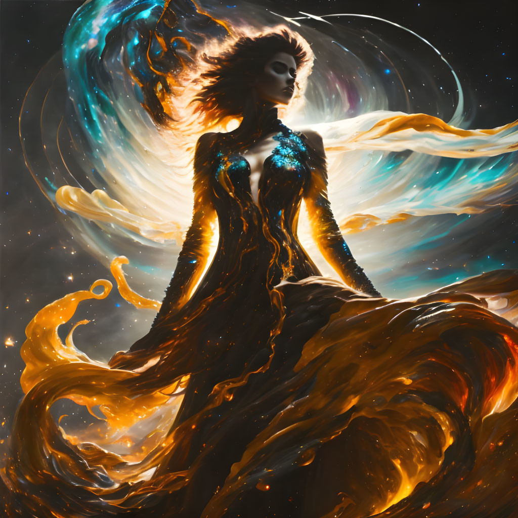 Cosmic female figure with galaxy hair in fiery gown against starry space.