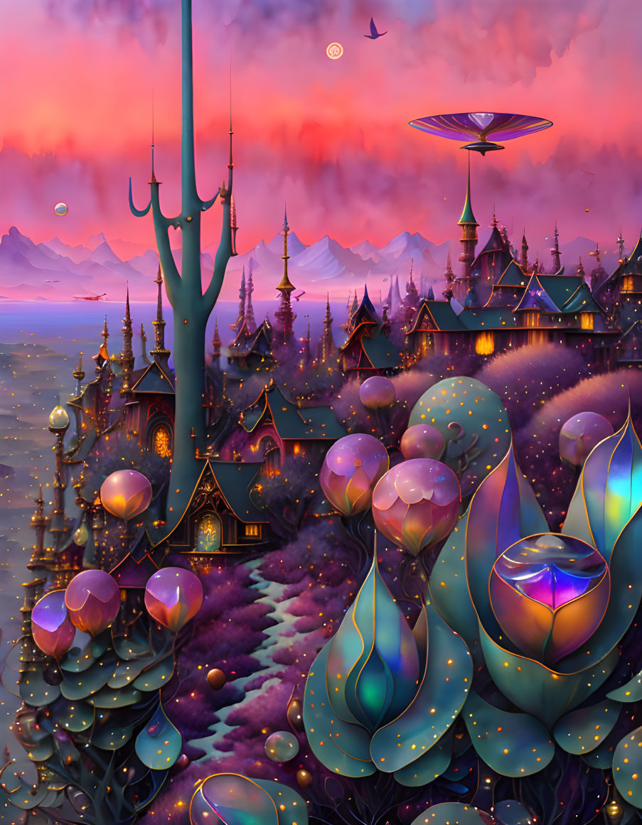 Vibrant Fantasy Landscape with Whimsical Architecture & Floating Orbs