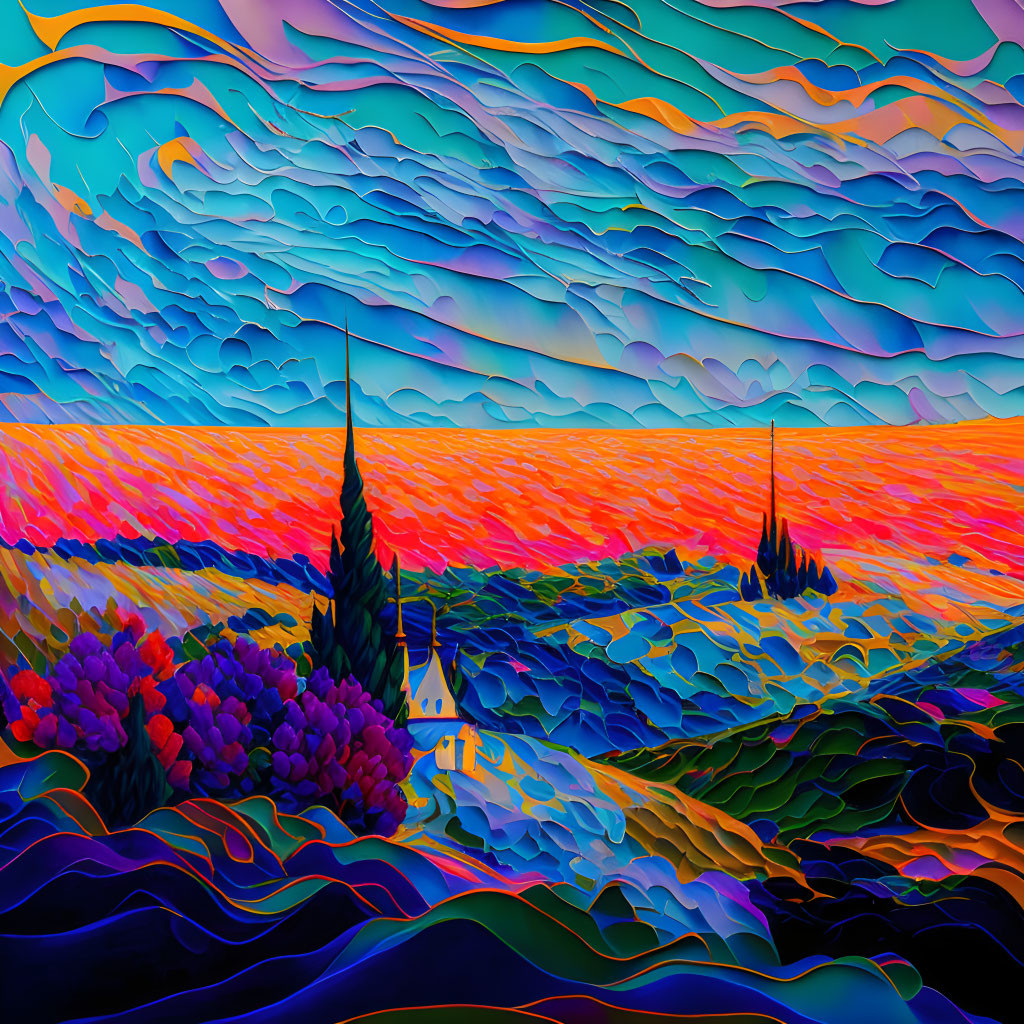 Colorful landscape painting with rolling hills, church, and swirling sky