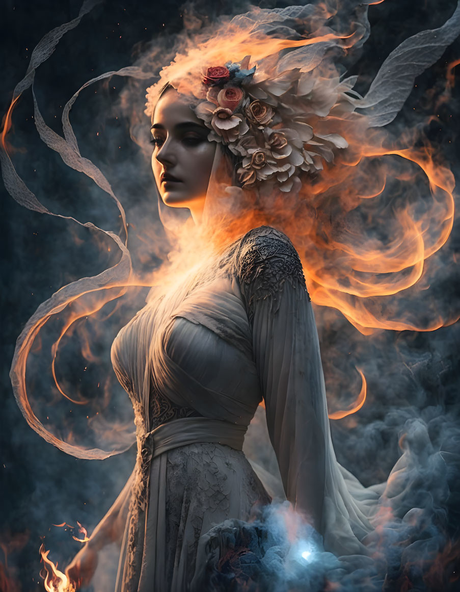 Vintage Dress Woman with Floral Headpiece Surrounded by Smoke and Flames