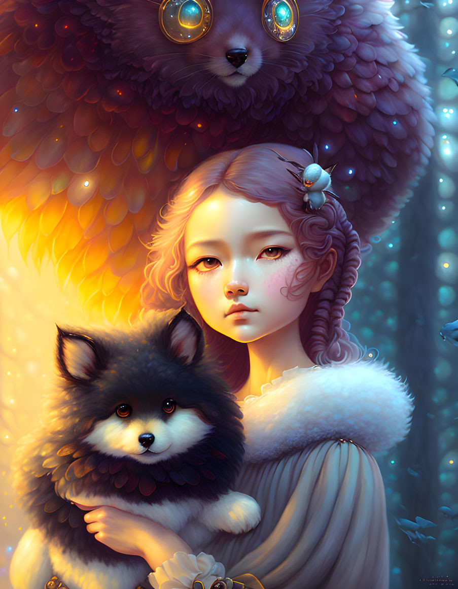 Fantasy artwork featuring girl, owl, and dog in mystical scene