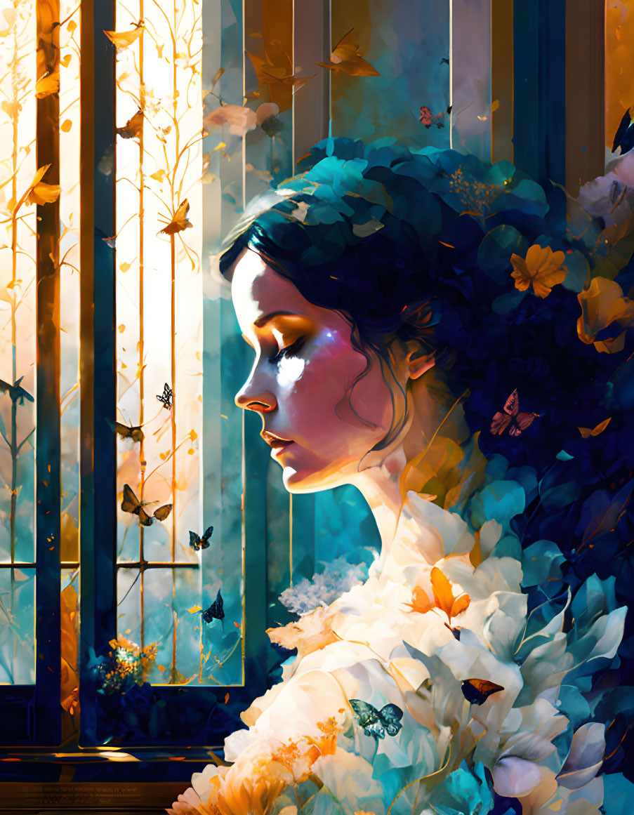 Woman blending with vibrant nature scene: butterflies, flowers, autumn trees through window