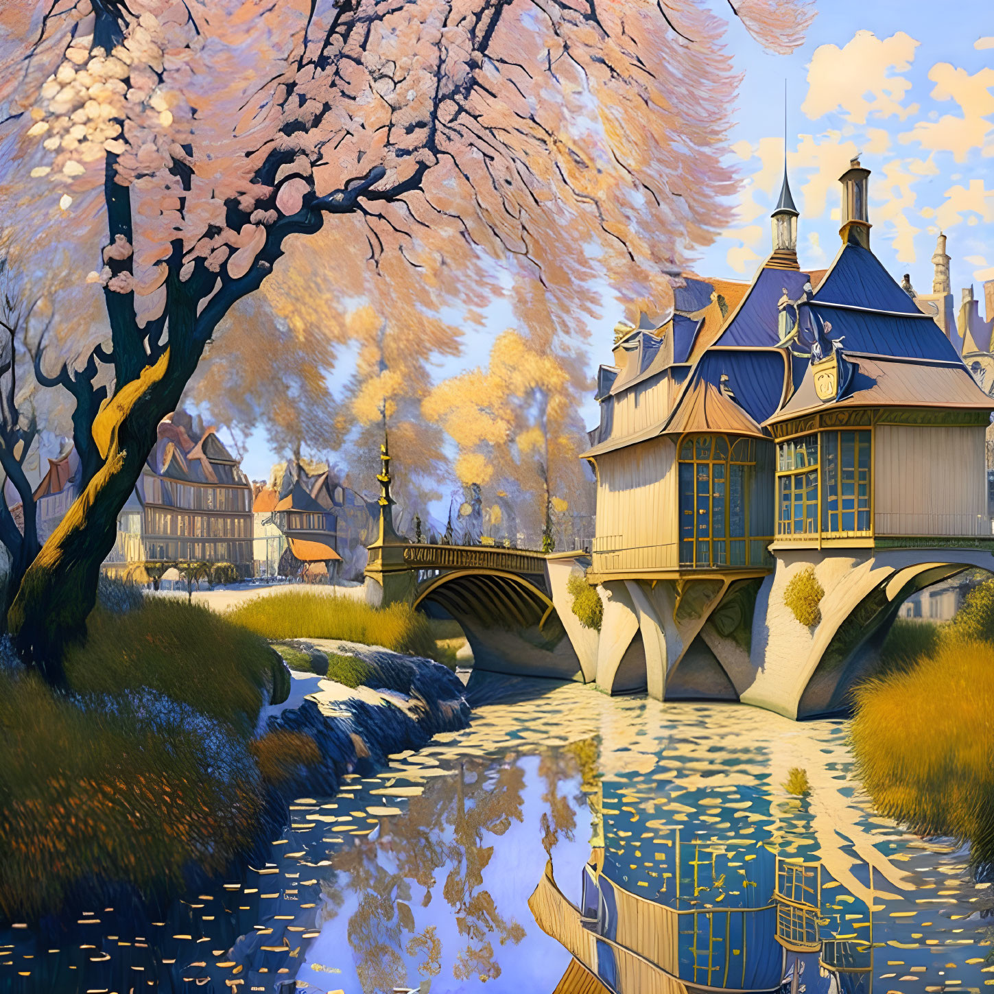 Charming house by canal with blossom trees and bridge