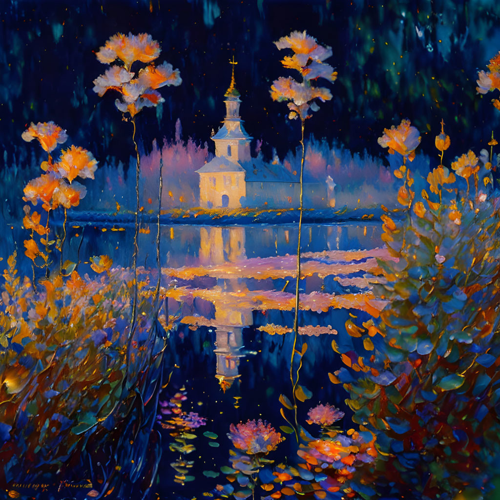 Night scene painting: vibrant flowers, reflective water, lit church, starry sky