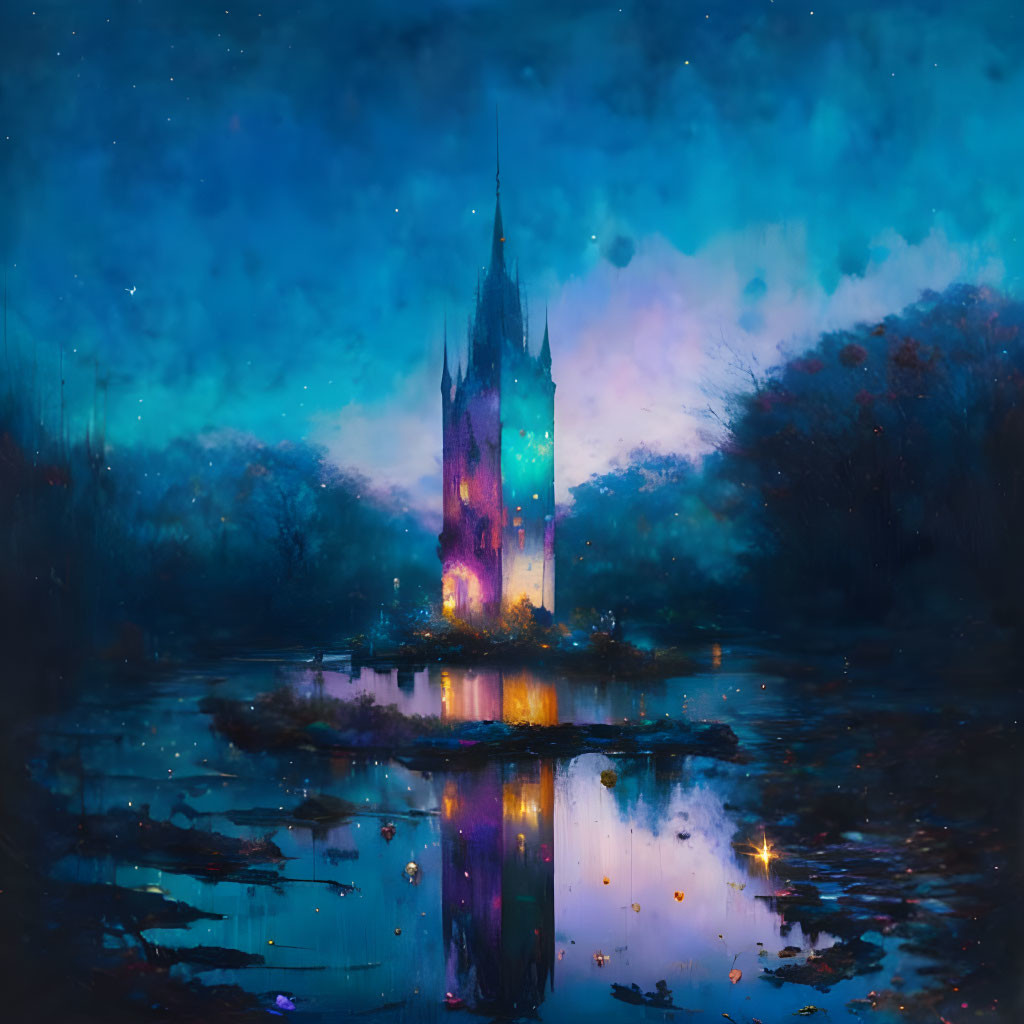 Mystical twilight scene with illuminated spire and starlit landscape