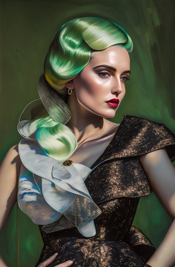 Elegant Woman with Green-Tinted Hair and Bold Makeup