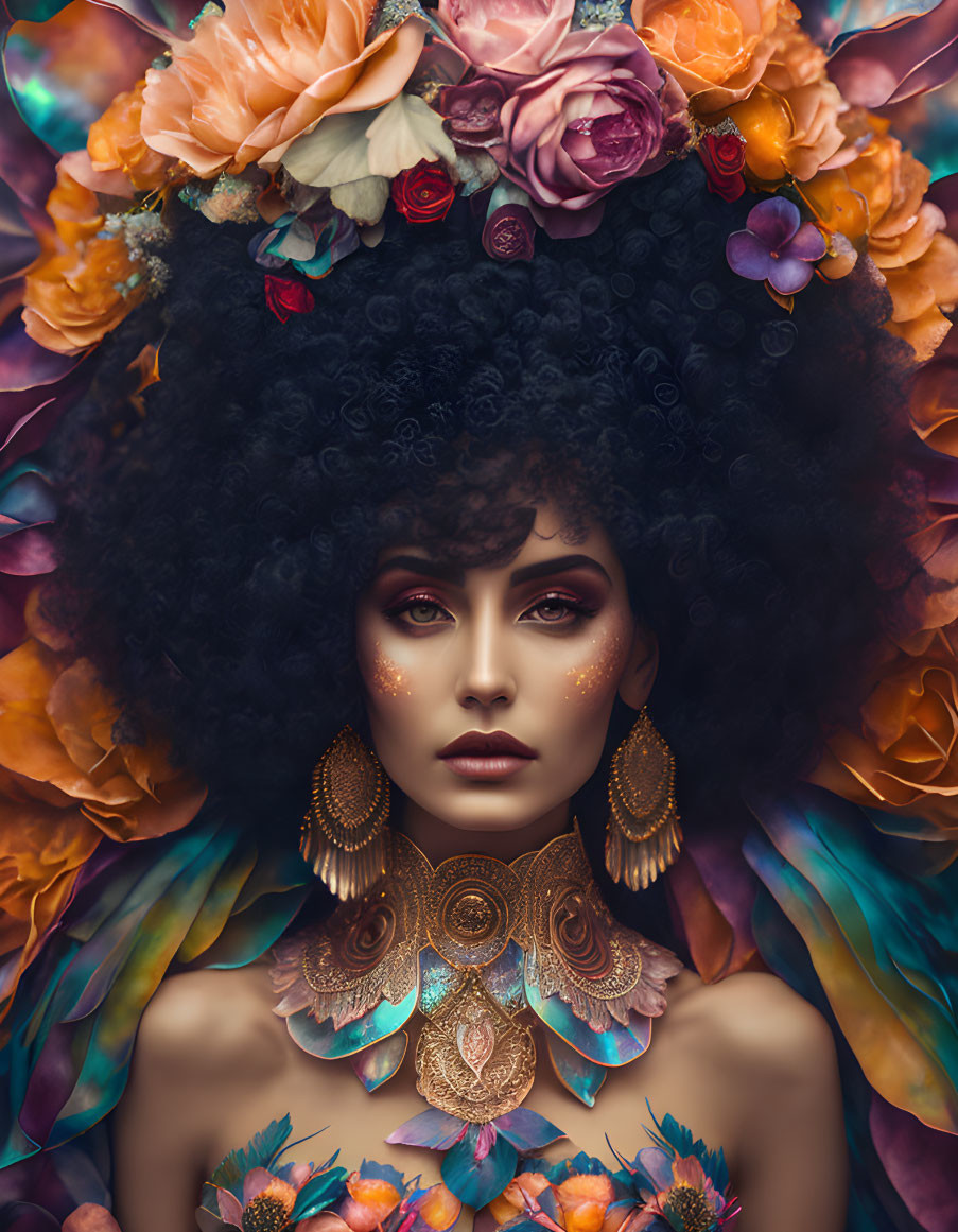 Colorful Afro Woman with Floral Accessories and Dramatic Makeup