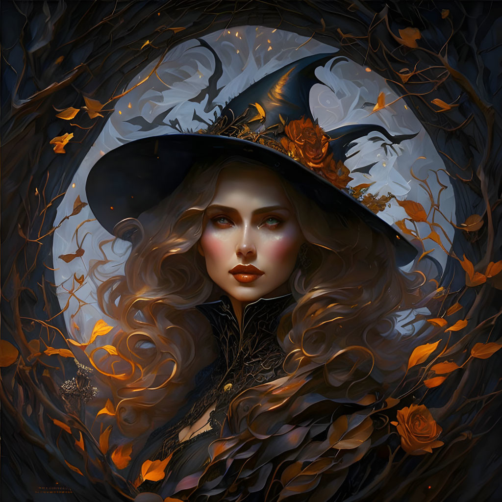 Illustration of witch with flowing hair, hat, autumn leaves, and mystical patterns.