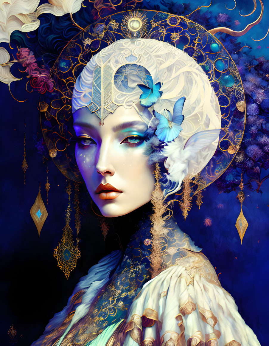 Ethereal portrait of female figure with golden headpiece and blue butterflies