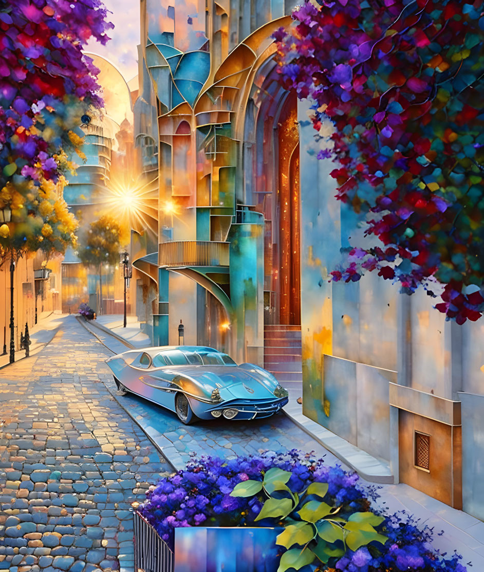 Classic car parked on vibrant street with colorful buildings and lush trees at sunrise or sunset