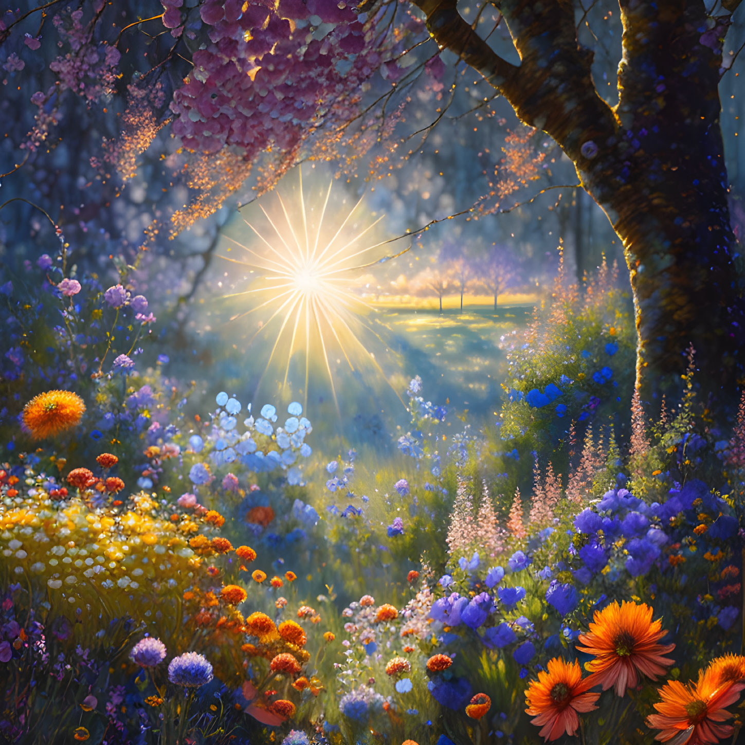 Sunlit forest glade with colorful wildflowers and blossoming trees