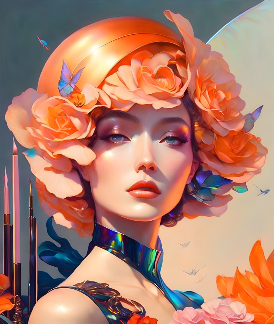 Digital artwork of woman with golden helmet, orange flowers, butterflies, and mystical aura