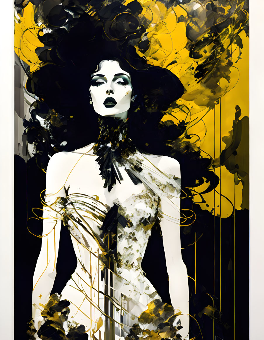 Stylized woman with black and yellow headdress in dynamic abstract setting