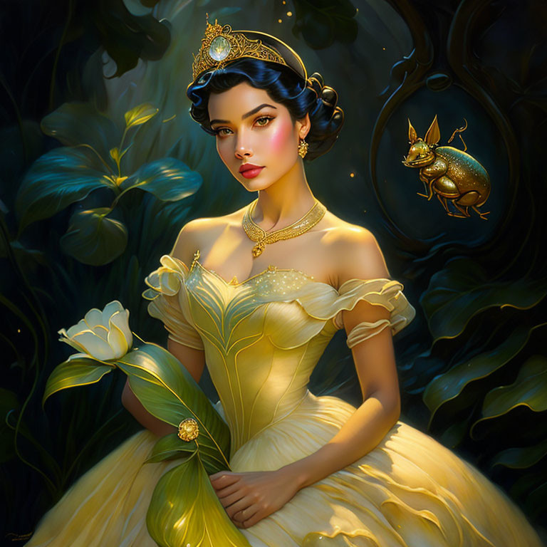 Regal woman in golden gown with crown and lily, golden frog in lush greenery