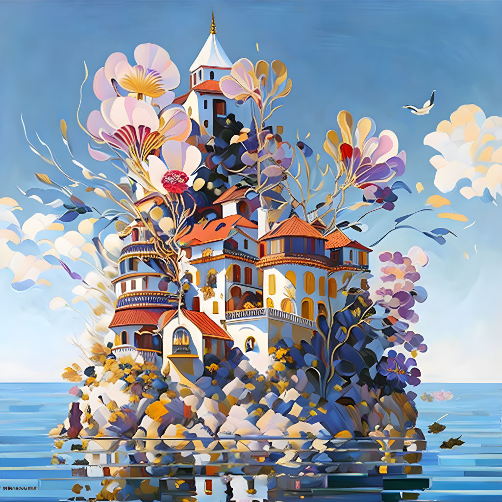 Colorful multilevel castle in vibrant landscape with birds and sea.