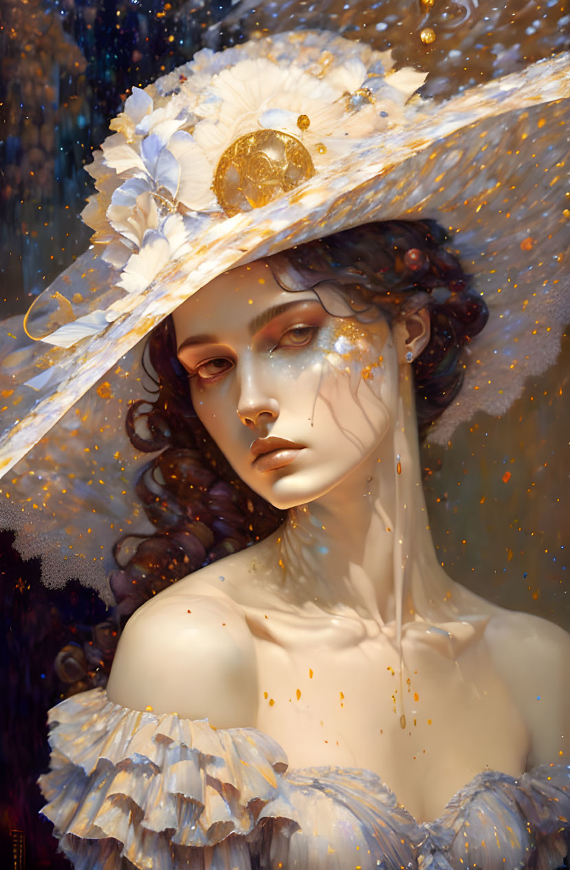 Digital artwork featuring woman in decorative hat with golden droplets and celestial motifs