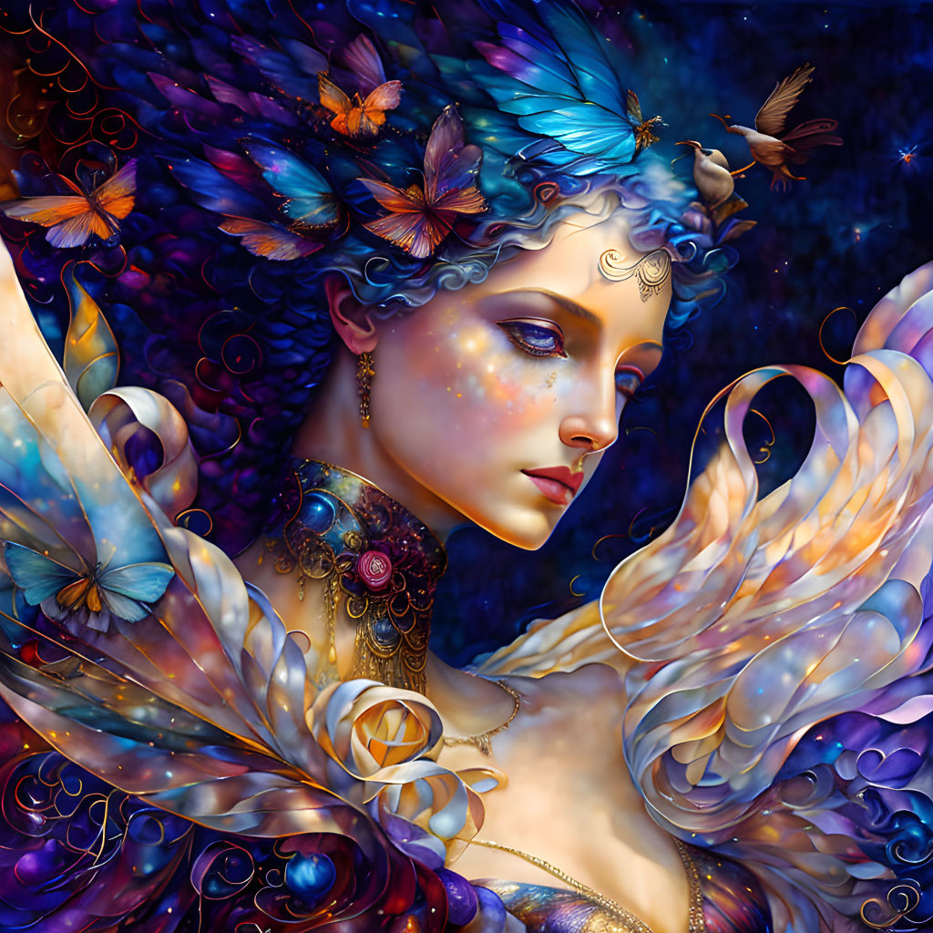 Fantasy portrait of a woman with blue and purple hues, butterflies, birds, and jewelry on star