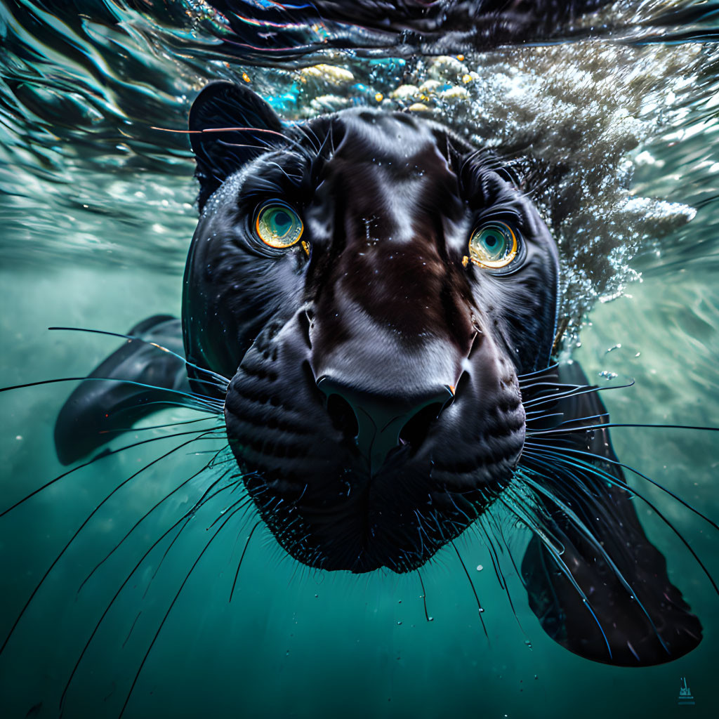 Black Panther with Yellow Eyes Submerged in Water