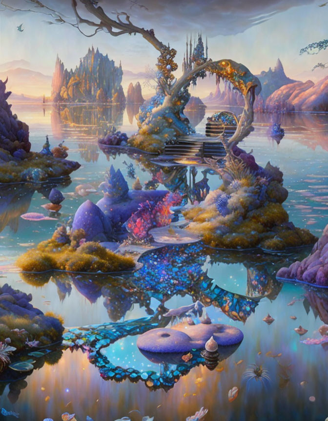 Vibrant Fantasy Landscape with Crystal Formations and Towering Castle