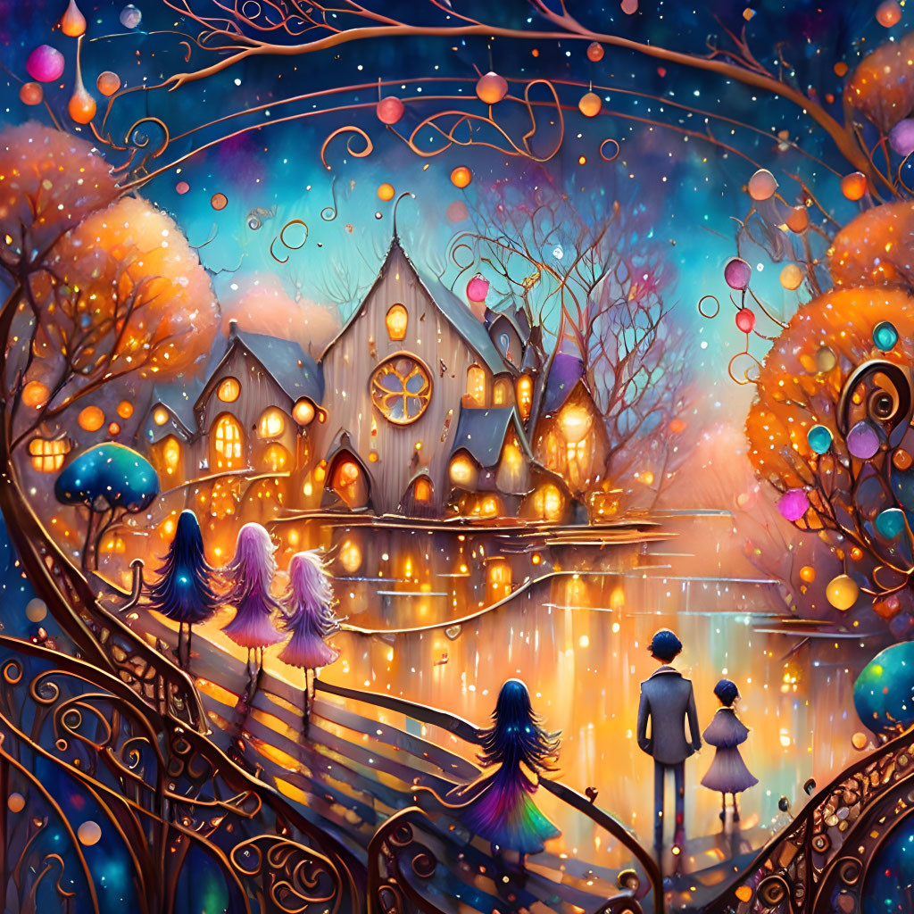 Enchanting illustration of characters near glowing cottage in magical forest