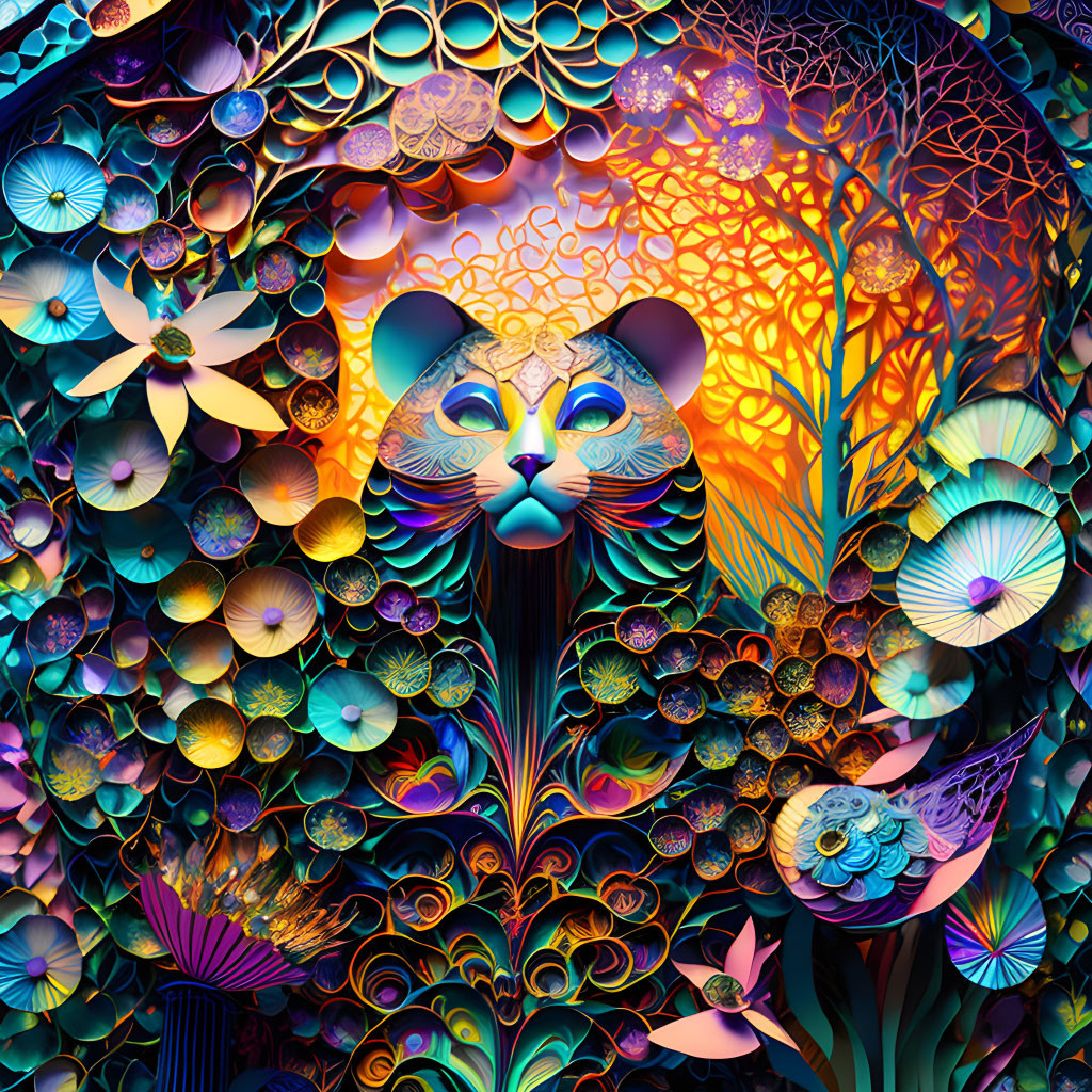 Colorful digital artwork: Stylized cat's face with psychedelic patterns