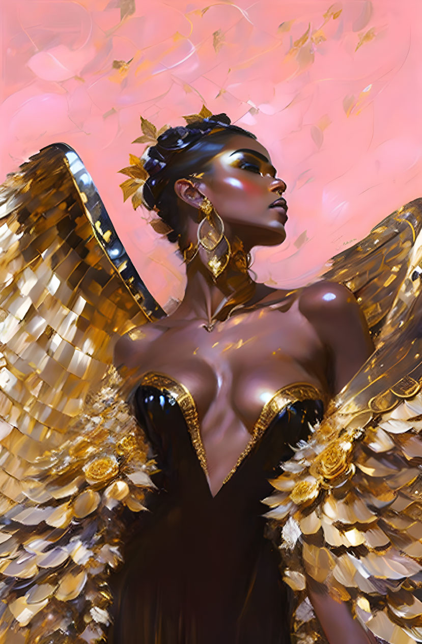 Digital illustration: Woman with golden wings and attire, adorned with leaves, surrounded by glowing petals.