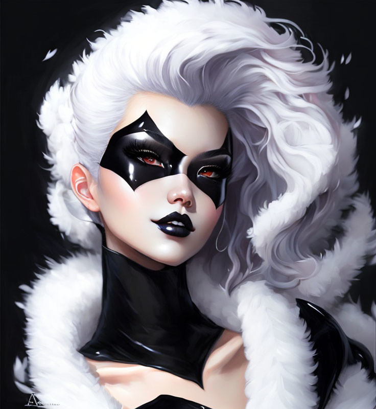 Stylized digital portrait of woman with white hair and bold eye makeup