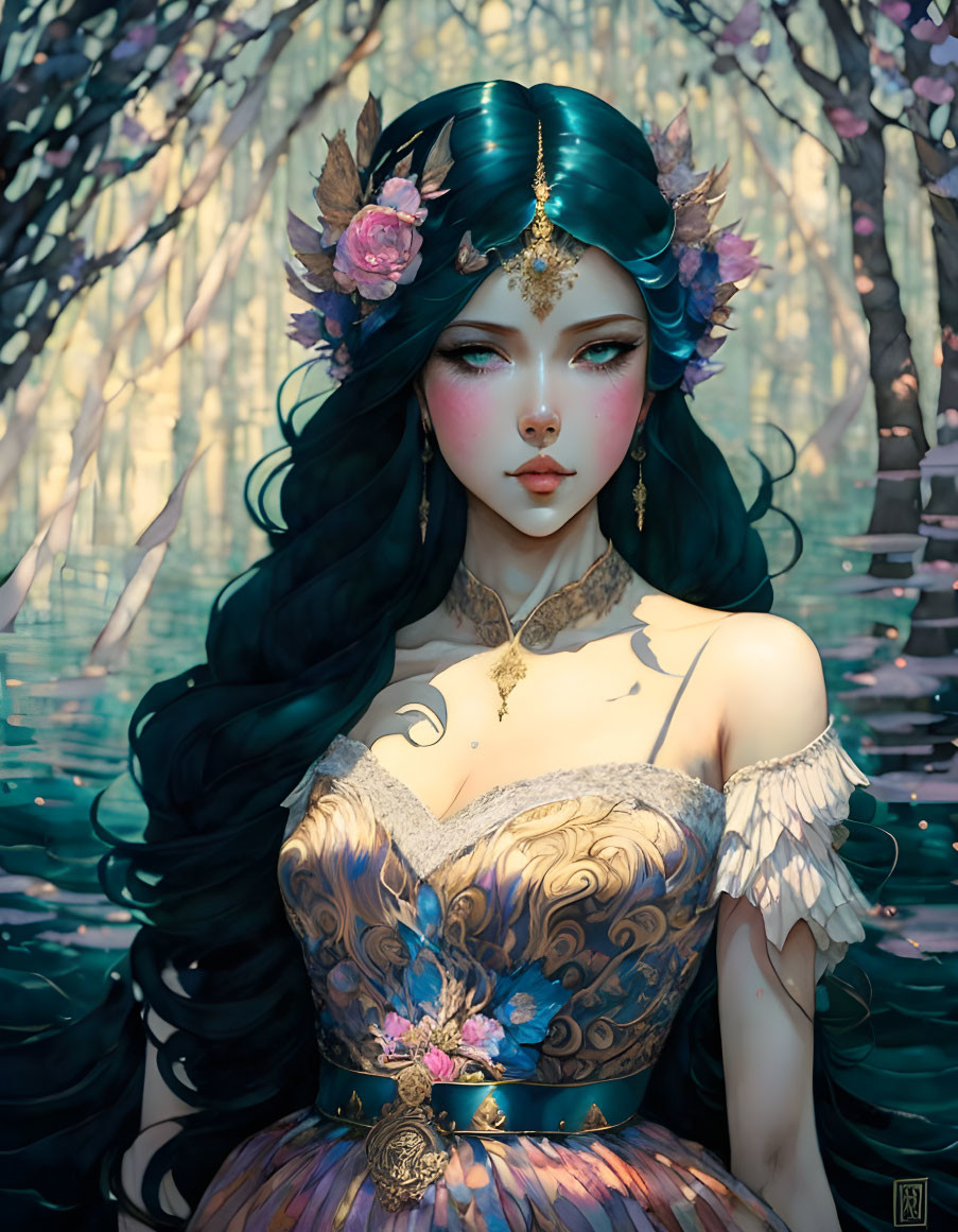 Fantasy woman with teal hair in ornate dress by misty water