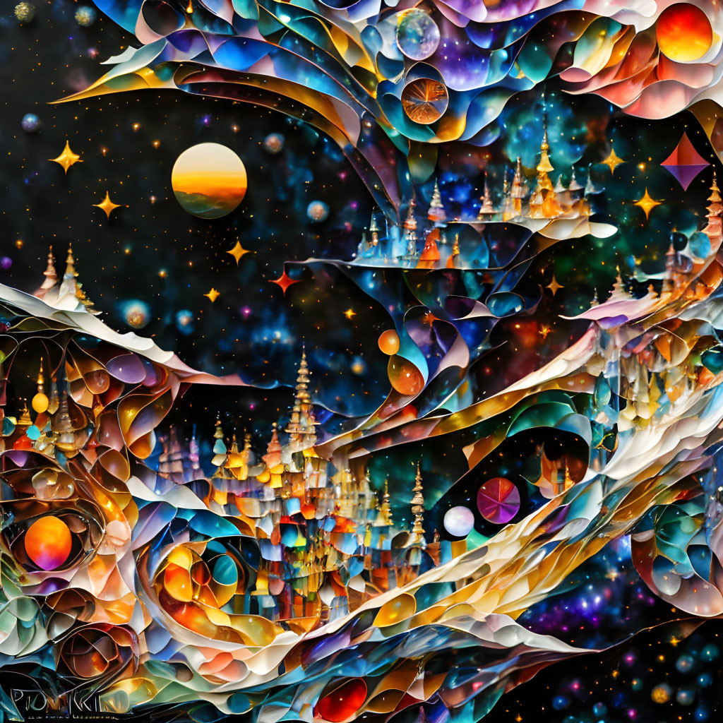 Colorful space scene with celestial bodies and whimsical castles