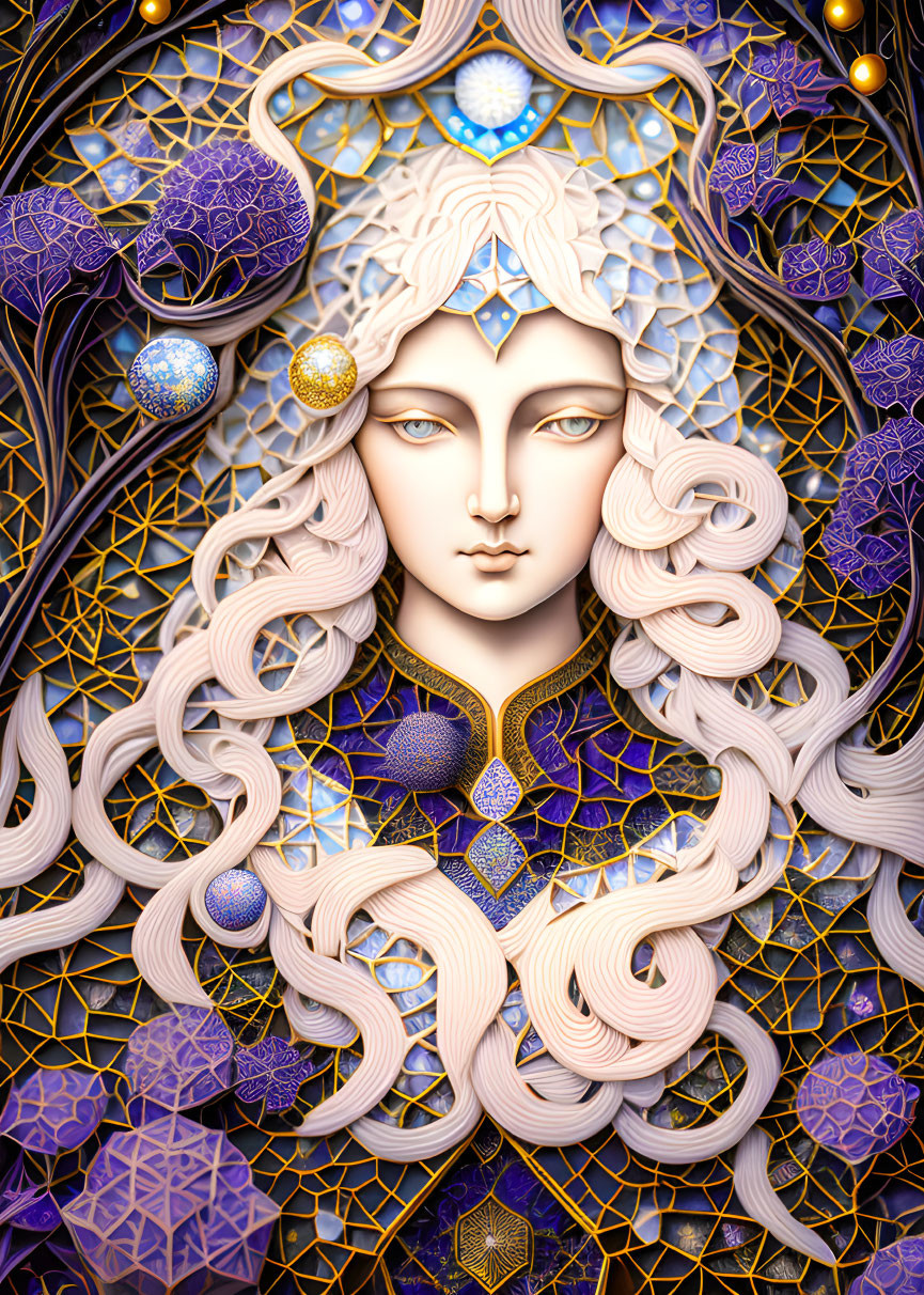 Stylized digital artwork of pale female figure with gold and purple filigree