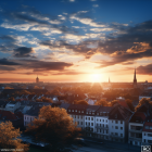 Colorful townscape at sunset with patterned clouds and red foliage tree