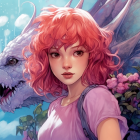 Girl with Pink Hair and Dragons in Blue and Purple Scales