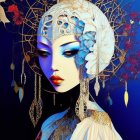 Ethereal portrait of female figure with golden headpiece and blue butterflies