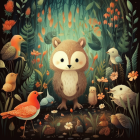 Colorful Owl Illustration Surrounded by Birds and Plants