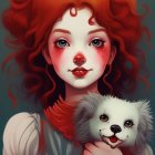 Digital artwork: Red-haired woman with roses holding a cat on teal background