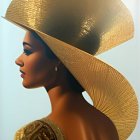 Digital artwork of woman in wide-brimmed hat with golden floral designs and feather shoulder piece