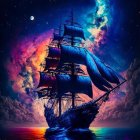 Colorful painting of sailing ship on ocean at sunset with swirling sky