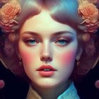 Elaborate vintage hair with gold accessories in vibrant makeup against dark backdrop