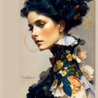 Digital painting of woman in floral dress with matching flower-adorned updo, soft tones and dream