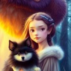 Fantasy artwork featuring girl, owl, and dog in mystical scene