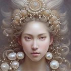 Ethereal woman with pearl-studded hair and golden adornments