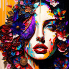 Colorful woman's face with flowers and feathers in vibrant artwork